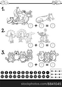 Black and White Cartoon Illustration of Educational Counting and Addition Mathematical Activity for Children with Animal and People Characters Coloring Page