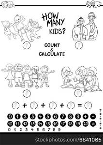 Black and White Cartoon Illustration of Educational Counting and Addition Mathematical Game for Children Coloring Page
