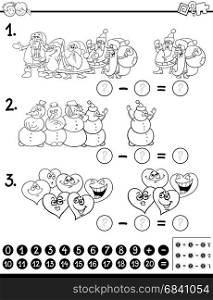 Black and White Cartoon Illustration of Educational Counting and Subtraction Mathematical Activity for Children Coloring Page