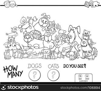 Black and White Cartoon Illustration of Educational Counting Game for Children with Cats and Dogs Animal Characters Group Coloring Book