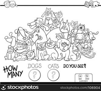 Black and White Cartoon Illustration of Educational Counting Game for Children with Cats and Dogs Pet Characters Group Coloring Book