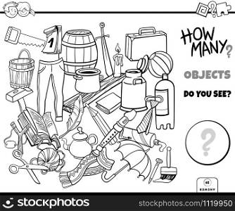 Black and White Cartoon Illustration of Educational Counting Game for Children with Objects Coloring Book Page