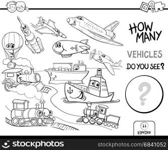 Black and White Cartoon Illustration of Educational Counting Game for Children with Vehicle Characters Group Coloring Page