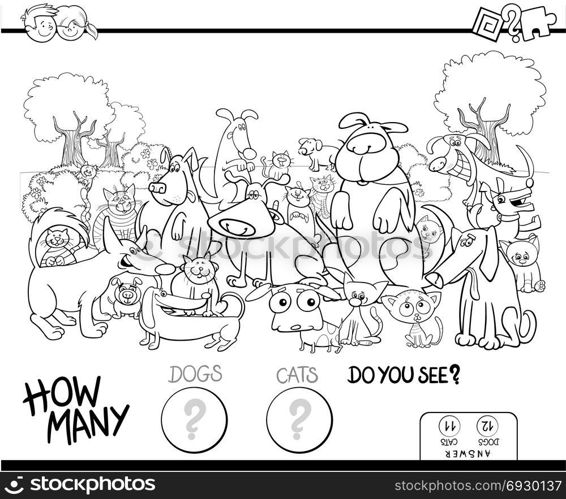 Black and White Cartoon Illustration of Educational Counting Game for Children with Cats and Dogs Animal Characters Group in the Park Coloring Book