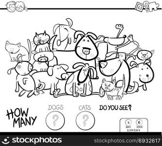 Black and White Cartoon Illustration of Educational Counting Game for Children with Cats and Dogs Animal Comic Characters Group Coloring Book