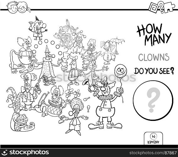 Black and White Cartoon Illustration of Educational Counting Game for Children with Clowns Circus Characters Coloring Book