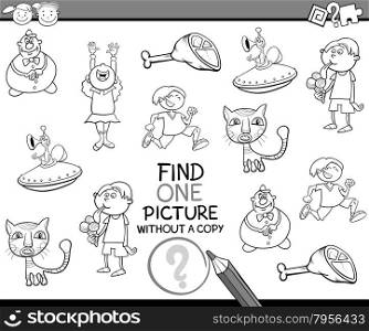 Black and White Cartoon Illustration of Educational Game of Finding Single Picture without a Copy for Preschool Children