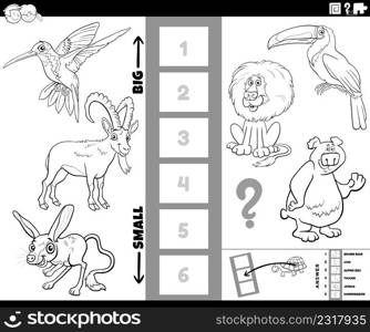 Black and white cartoon illustration of educational game of finding the biggest and the smallest animal species with comic characters for kids coloring book page