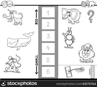 Black and White Cartoon Illustration of Educational Game of Finding the Biggest and the Smallest Animal Coloring Book