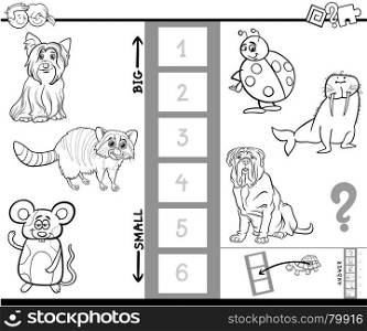 Black and White Cartoon Illustration of Educational Game of Finding the Biggest and the Smallest Animal Species Characters Coloring Book