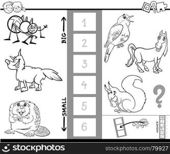 Black and White Cartoon Illustration of Educational Game of Finding the Biggest and the Smallest Animal Characters Coloring Book