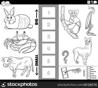Black and white cartoon illustration of educational game of finding the biggest and the smallest animal species with comic characters coloring page