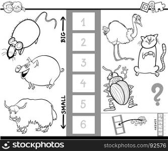 Black and White Cartoon Illustration of Educational Game of Finding the Biggest and the Smallest Animal Characters for Children Coloring Book