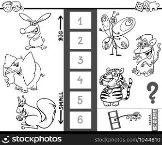 Black and White Cartoon Illustration of Educational Game of Finding the Largest and the Smallest Creature with Animal Characters for Children Coloring Book