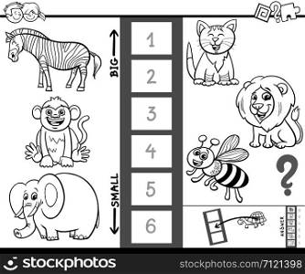 Black and White Cartoon Illustration of Educational Game of Finding the Largest and the Smallest Animal with Funny Characters for Kids Coloring Book