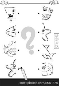 Black and White Cartoon Illustration of Educational Game of Matching Halves of Sea Life Animal Characters Coloring Book