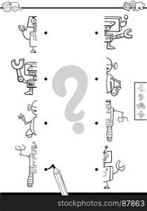 Black and White Cartoon Illustration of Educational Game of Matching Halves of Robot Fantasy Characters Coloring Book