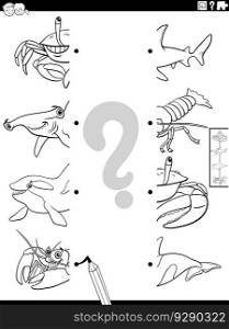 Black and white cartoon illustration of educational game of matching halves of pictures with funny marine animals characters coloring page