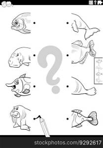 Black and white cartoon illustration of educational game of matching halves of pictures with marine animals characters coloring page