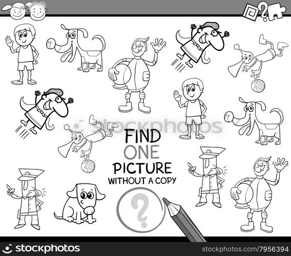 Black and White Cartoon Illustration of Educational Game of Single Picture Finding for Preschool Children