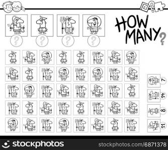 Black and White Cartoon Illustration of Educational How Many Counting Activity for Children with Professional Occupations Coloring Page