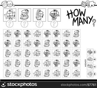 Black and White Cartoon Illustration of Educational How Many Counting Activity for Children with Professional People Characters Coloring Book