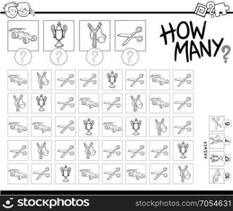 Black and White Cartoon Illustration of Educational How Many Counting Game for Children with Objects Coloring Book