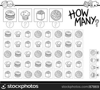 Black and White Cartoon Illustration of Educational How Many Counting Game for Children with Food Objects Coloring Book