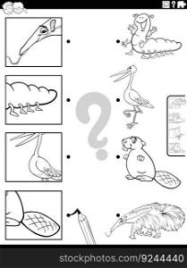 Black and white cartoon illustration of educational matching game with animal characters and pictures clippings coloring page
