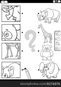 Black and white cartoon illustration of educational matching game with wild animal characters and pictures clippings coloring page