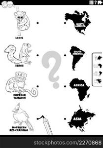 Black and white cartoon illustration of educational matching task for children with animal species characters and continents coloring book page