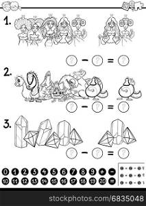 Black and White Cartoon Illustration of Educational Mathematical Activity Game for Children with Funny Characters and Objects Coloring Page