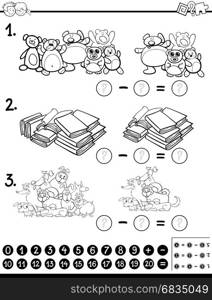 Black and White Cartoon Illustration of Educational Mathematical Activity Game for Children with Characters and Objects Coloring Page