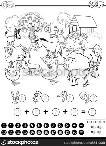 Black and White Cartoon Illustration of Educational Mathematical Activity Game for Children with Farm Animal Characters Coloring Page