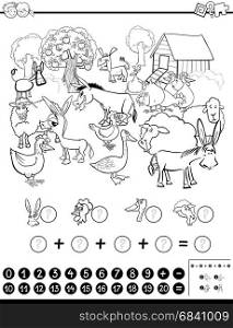 Black and White Cartoon Illustration of Educational Mathematical Activity Game for Children with Farm Animal Characters Coloring Page