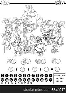Black and White Cartoon Illustration of Educational Mathematical Activity Game for Children with Pirate Characters Coloring Page