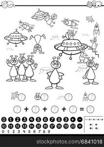 Black and White Cartoon Illustration of Educational Mathematical Activity Game for Children with Alien Characters Coloring Page