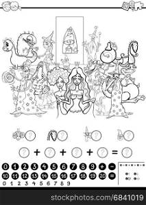 Black and White Cartoon Illustration of Educational Mathematical Activity Game for Children with Fantasy Characters Coloring Page
