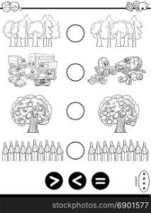 Black and White Cartoon Illustration of Educational Mathematical Activity Game of Greater Than, Less Than or Equal to for Kids Coloring Book