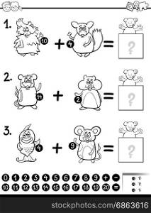 Black and White Cartoon Illustration of Educational Mathematical Addition Activity Game for Children with Animal Characters Coloring Page