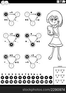 Black and white cartoon illustration of educational mathematical calculation diagram task for children with girl and tablet or phone coloring book page