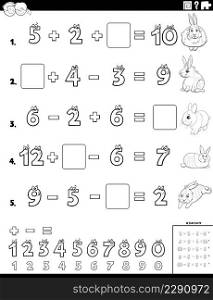 Black and white cartoon illustration of educational mathematical calculation task worksheet for elementary school children with funny rabbits