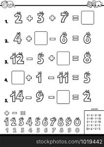 Black and White Cartoon Illustration of Educational Mathematical Calculation Worksheet for Children Coloring Book