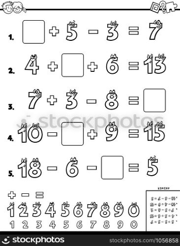 Black and White Cartoon Illustration of Educational Mathematical Calculation Worksheet for Elementary School Children