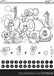 Black and White Cartoon Illustration of Educational Mathematical Counting and Addition Game for Children with Wild Animal Characters Coloring Book