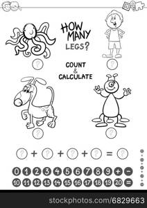 Black and White Cartoon Illustration of Educational Mathematical Counting and Addition Game for Kids with Comic Characters Coloring Page