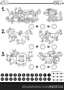 Black and White Cartoon Illustration of Educational Mathematical Game for Children with Animal Characters Coloring Page