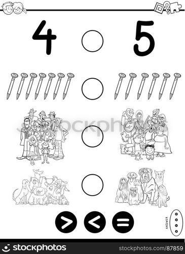 Black and White Cartoon Illustration of Educational Mathematical Game of Greater Than, Less Than or Equal to for Kids with Objects and Characters Coloring Book