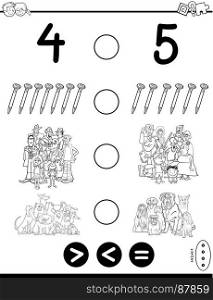 Black and White Cartoon Illustration of Educational Mathematical Game of Greater Than, Less Than or Equal to for Kids with Objects and Characters Coloring Book