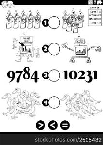 Black and white cartoon illustration of educational mathematical puzzle game of greater than, less than or equal to for children with objects and animal characters and numbers coloring book page